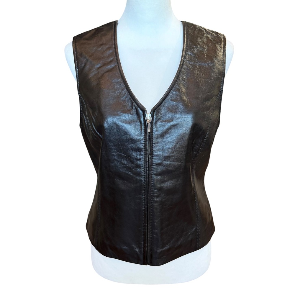 Lambskin Leather Vest Women's Medium Black Full Zip Knit Back Classic City